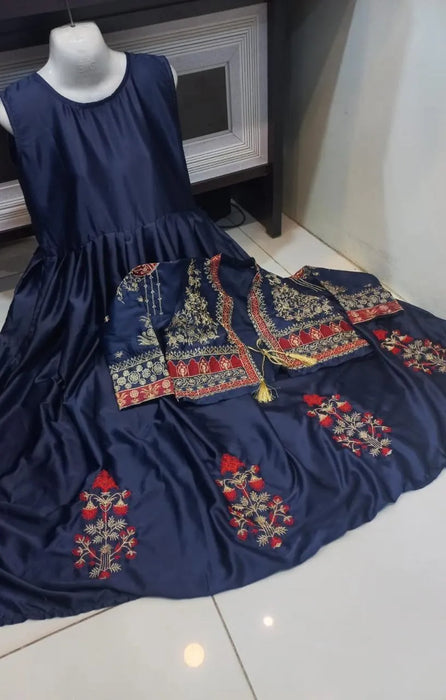 2 Pcs Women's Stitched Silk Hand Work Maxi and Jacket