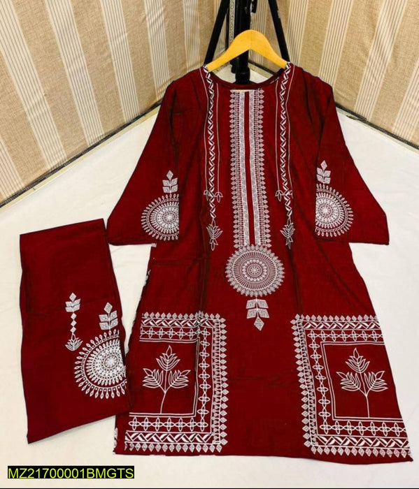 2 Pcs Block Print Womens Stitched Linen Suit