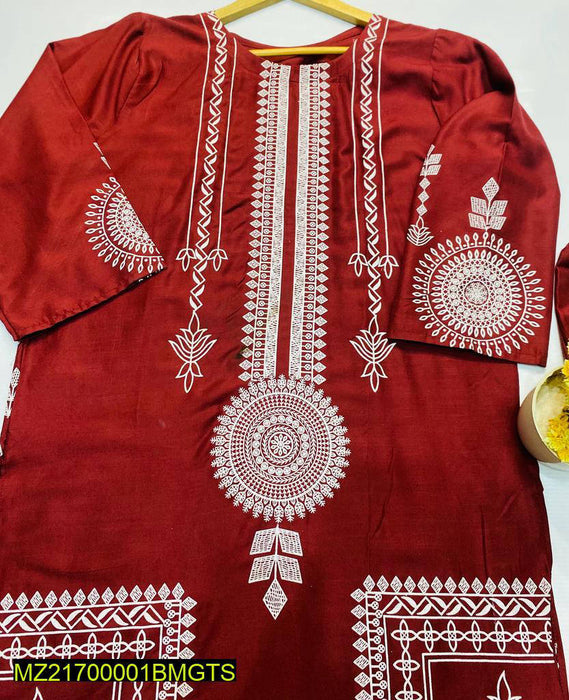 2 Pcs Block Print Womens Stitched Linen Suit