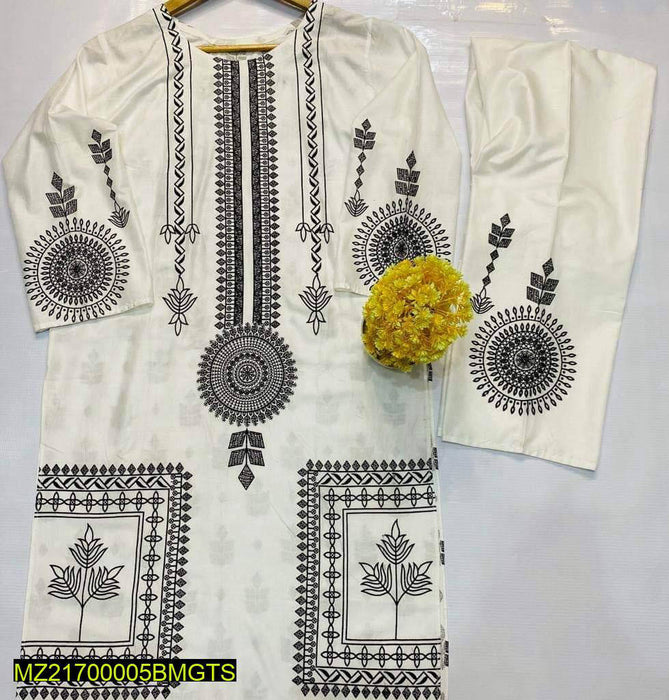 2 Pcs Block Print Womens Stitched Linen Suit